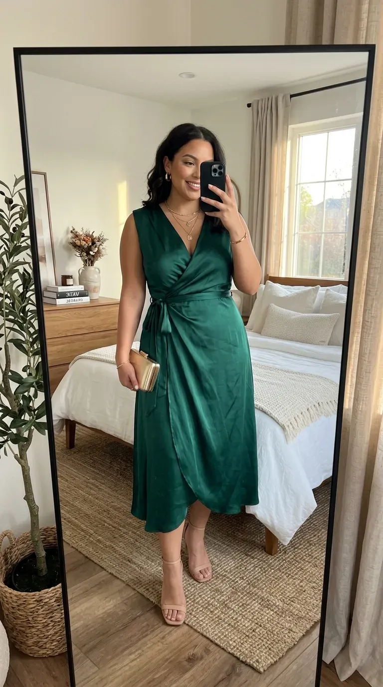 Curvy woman wearing a satin wrap midi dress with strappy heels for an elegant party look.