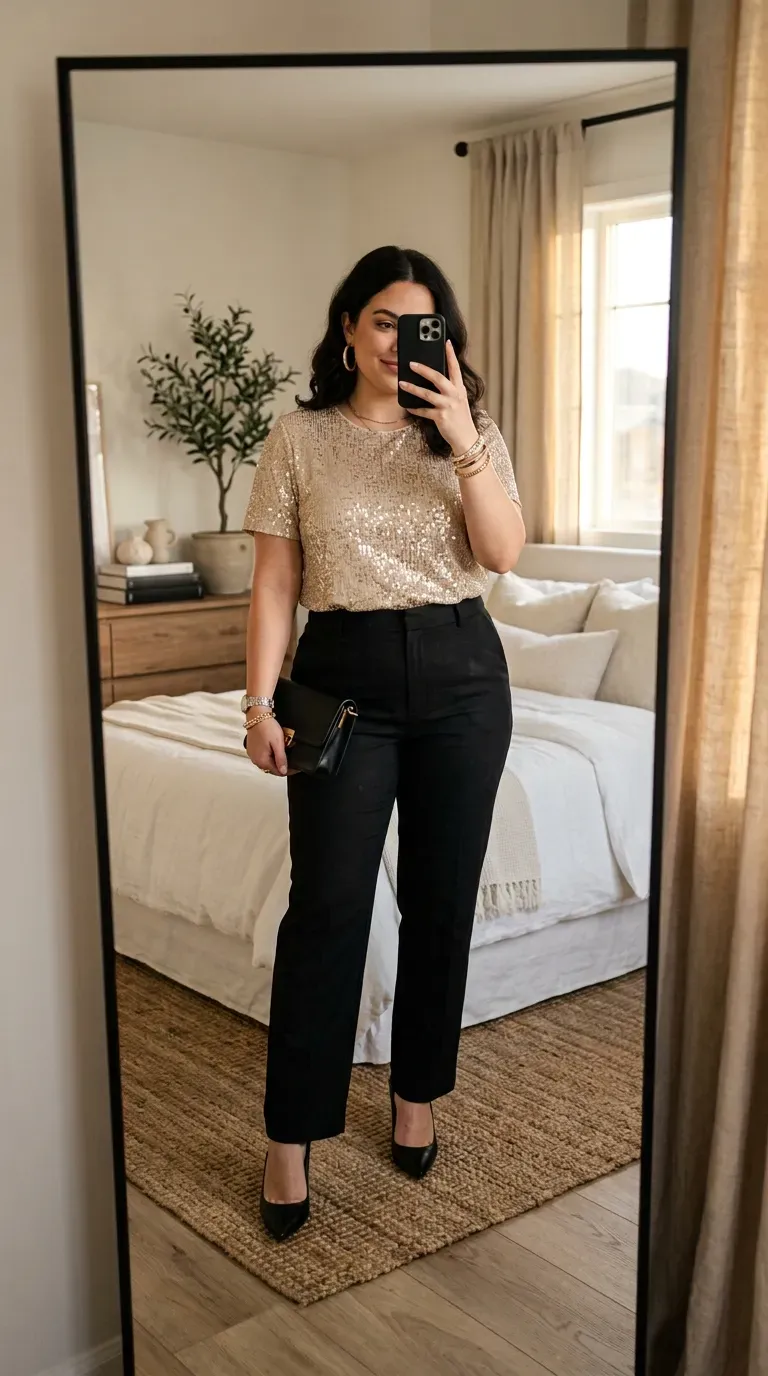 Curvy woman wearing a sequin top with high-waisted black pants for a stylish party outfit.