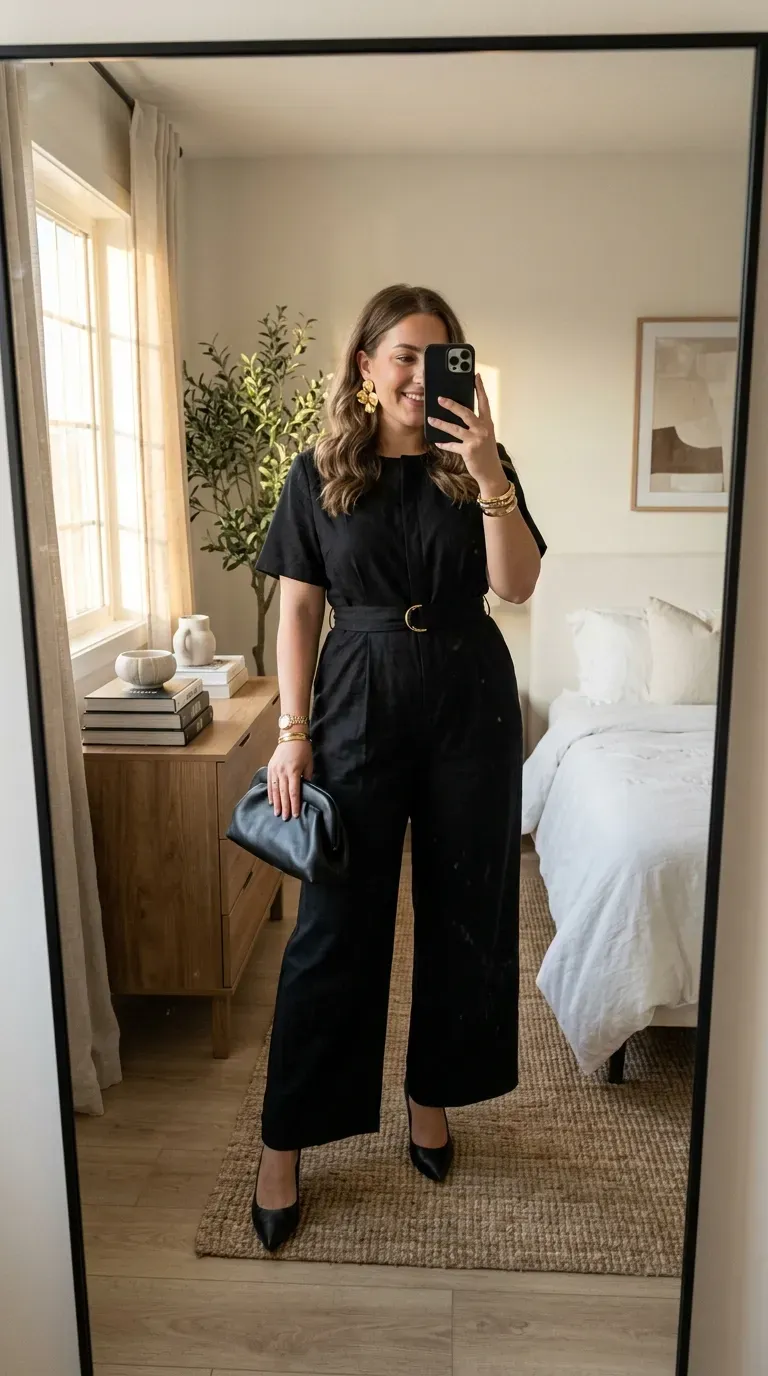 Curvy woman wearing a black wide-leg jumpsuit with statement earrings for a party.