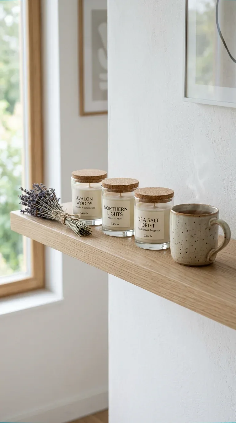 21 Easy Cricut Home Decor Projects You'll Love 12 Glass candle jars with custom minimal vinyl labels lined up on a wooden shelf