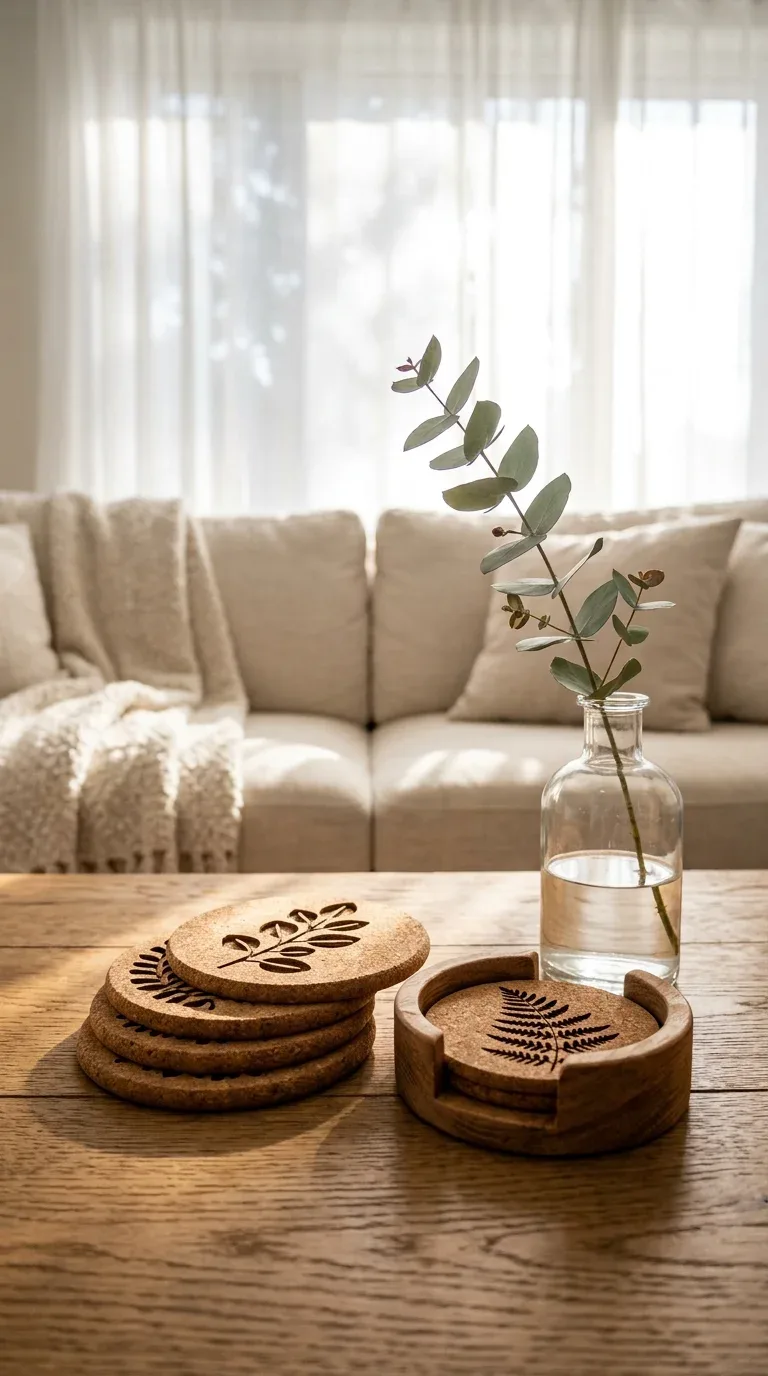 21 Easy Cricut Home Decor Projects You'll Love 7 A set of custom cut cork coasters with a botanical design stacked on a coffee table