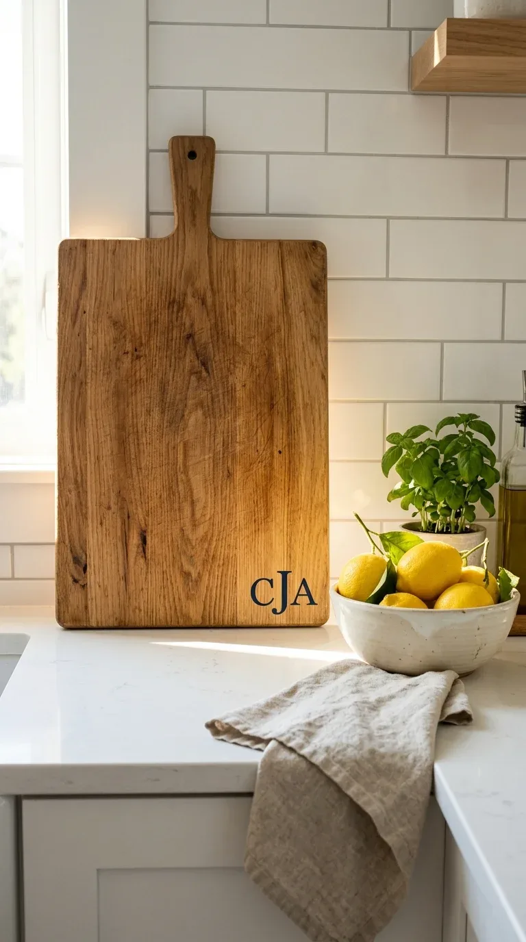 21 Easy Cricut Home Decor Projects You'll Love 19 A wooden cutting board with a custom vinyl monogram design leaned against a kitchen backsplash