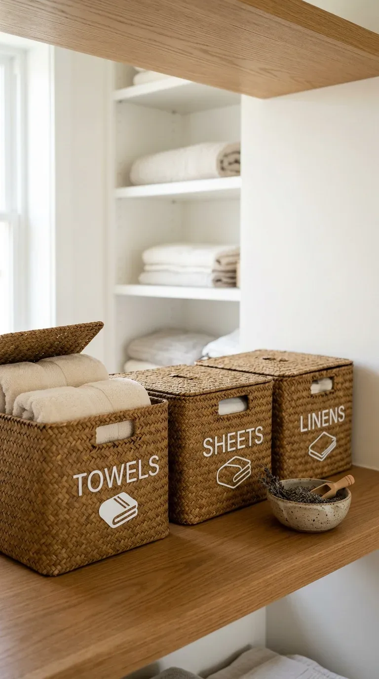 21 Easy Cricut Home Decor Projects You'll Love 4 Woven storage bins labeled with cut vinyl text and icons in a neatly organized closet