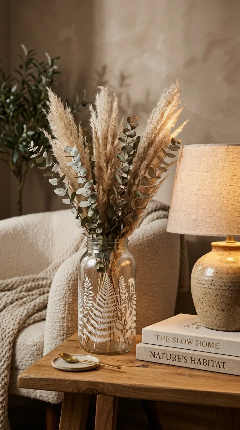 A glass jar vase decorated with a delicate vinyl botanical decal holding dried flower stems