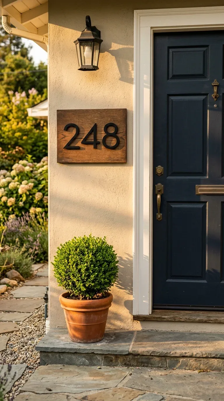 21 Easy Cricut Home Decor Projects You'll Love 21 A wood house number plaque with cut vinyl numbers mounted beside a front door