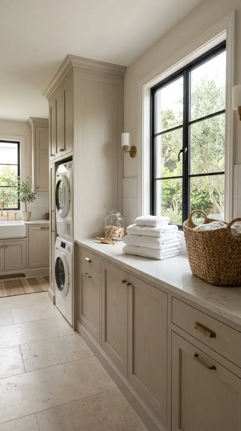 A sophisticated laundry room featuring floor-to-ceiling greige custom shaker cabinets