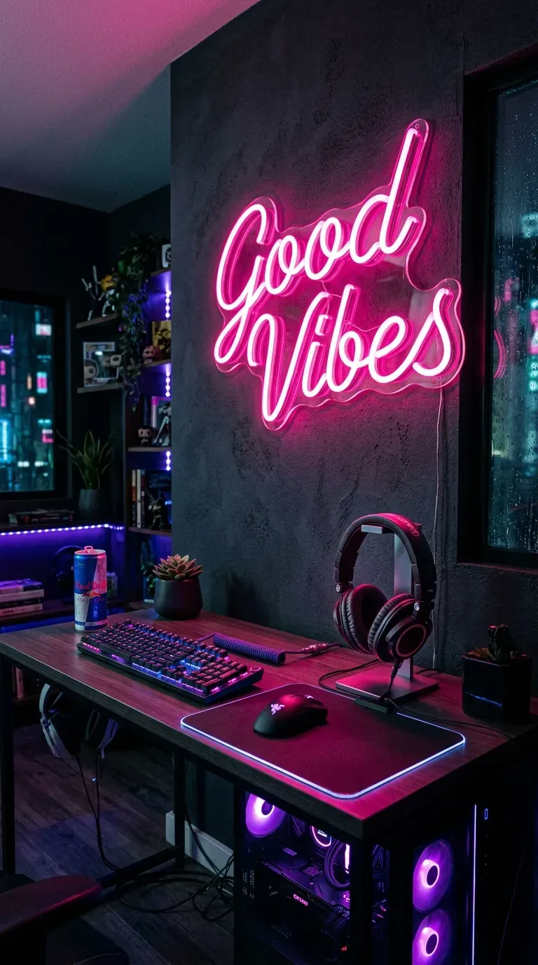 15 Genius Aesthetic Room Ideas You Need to Try 10 A glowing pink custom neon sign mounted over a desk setup