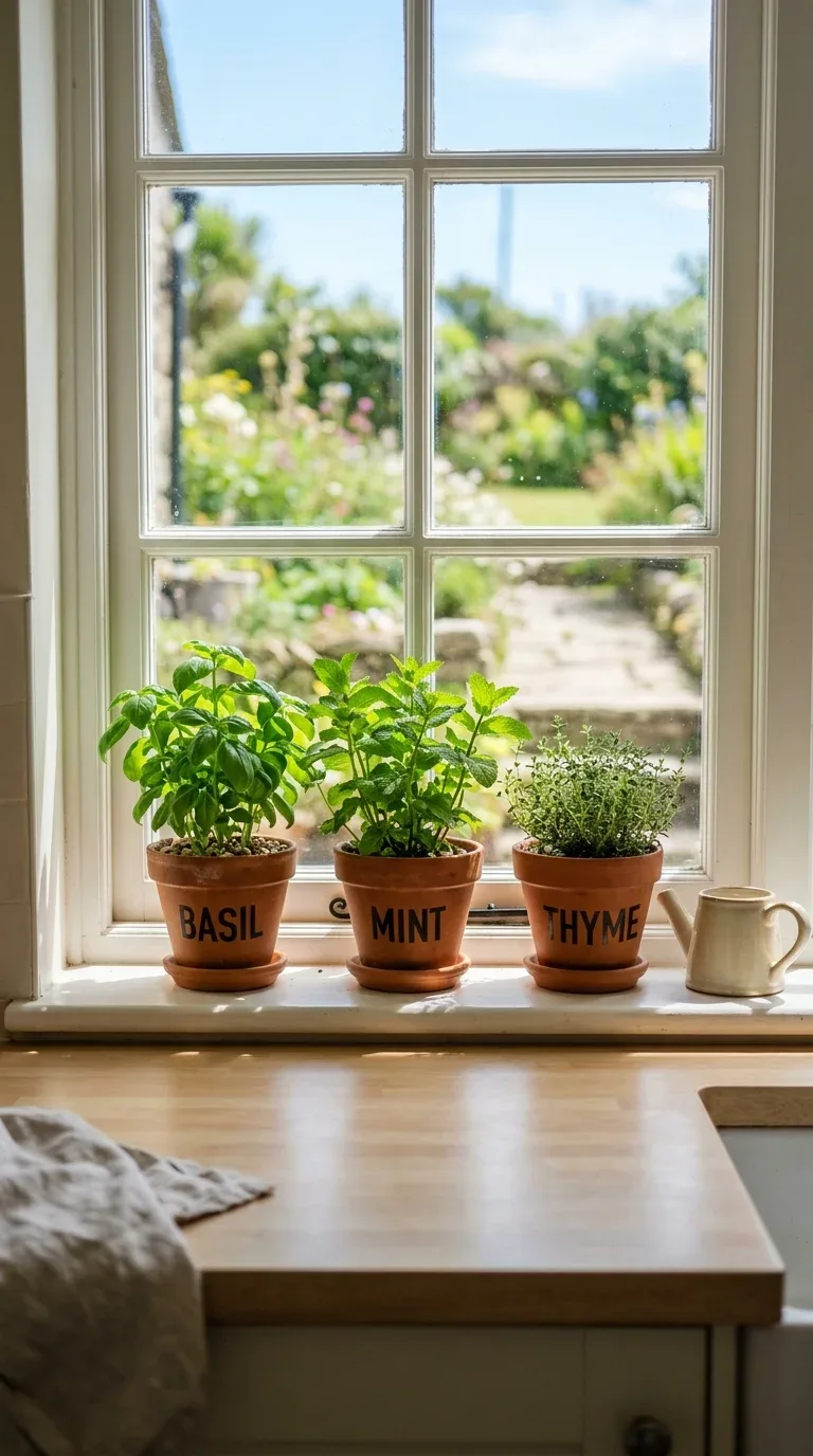 21 Easy Cricut Home Decor Projects You'll Love 10 Terracotta herb pots labeled with cut vinyl text lined up on a sunny kitchen windowsill