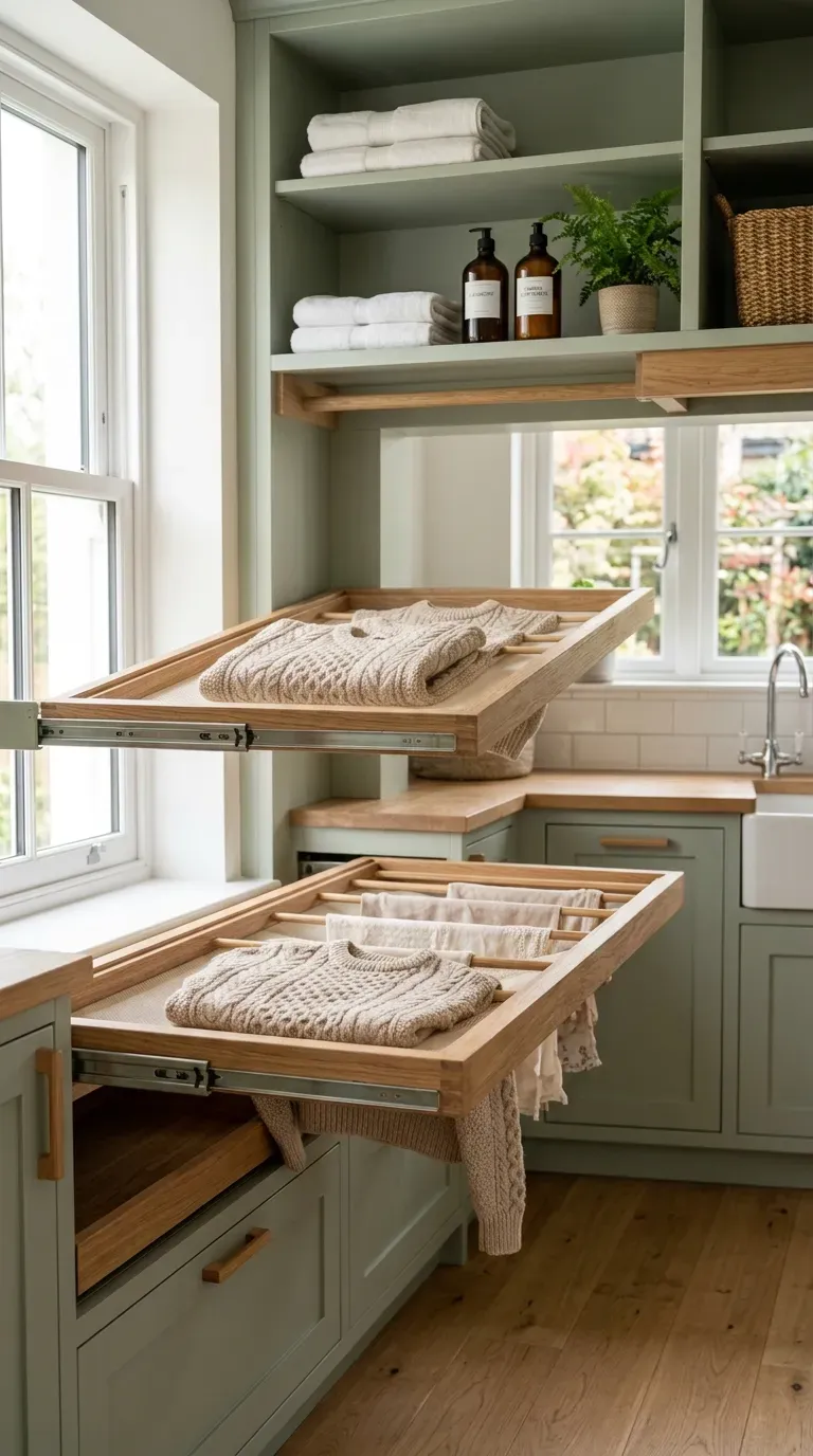 A laundry room cabinet featuring cleverly designed pull-out wooden drying racks