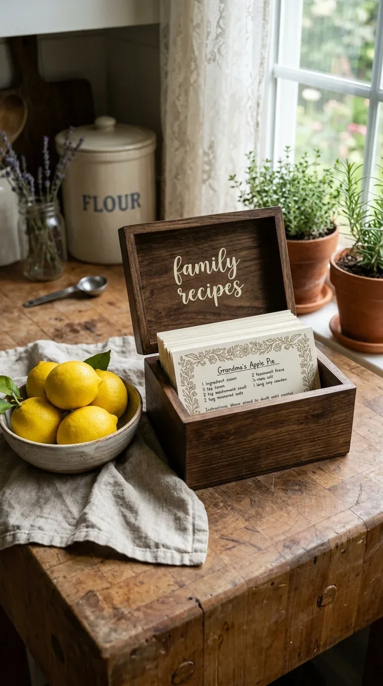 21 Easy Cricut Home Decor Projects You'll Love 14 A wooden recipe box with a custom vinyl label beside a set of coordinated recipe cards