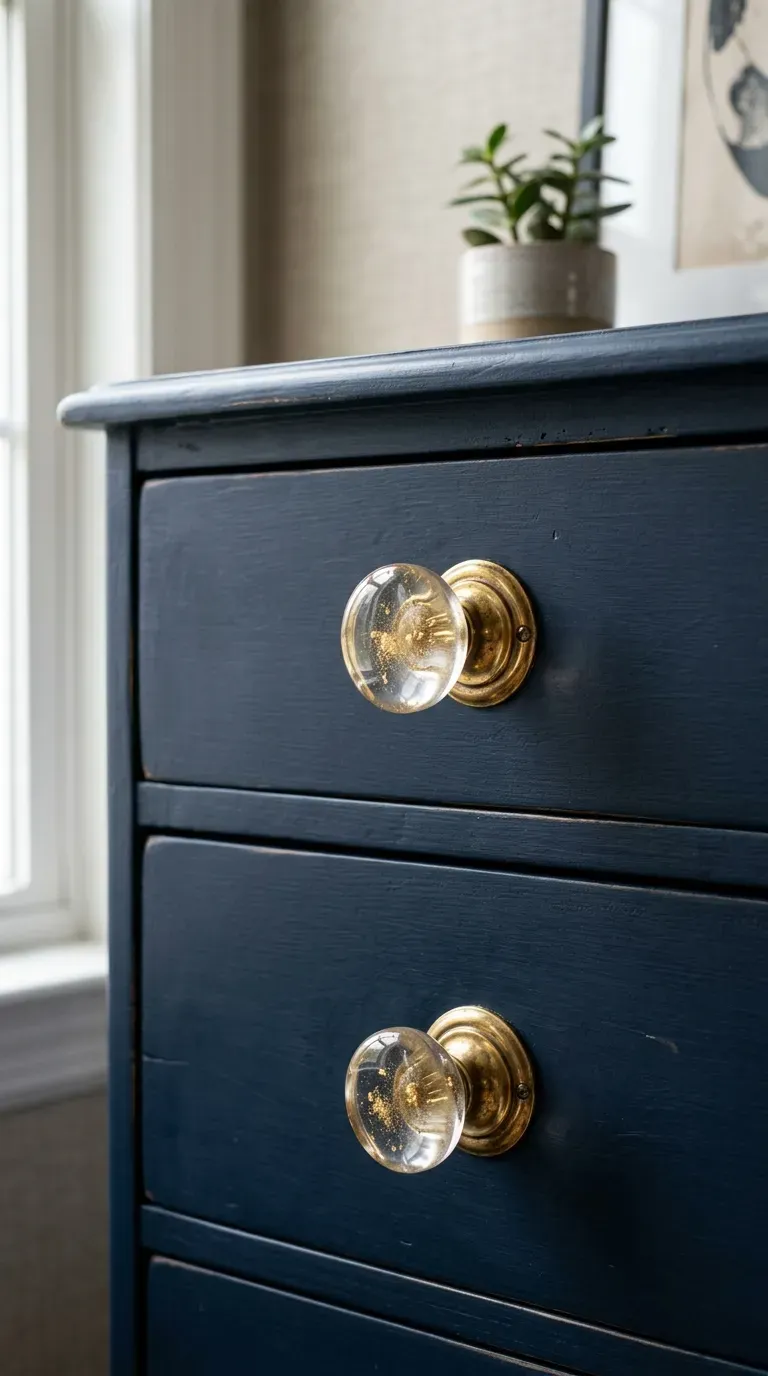 A painted dresser featuring custom clear resin and brass drawer pulls