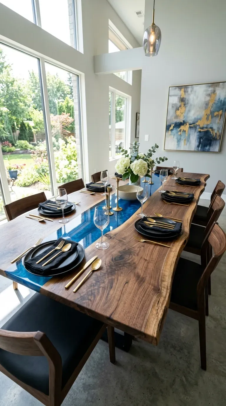 A large live-edge dining table with a translucent blue resin river