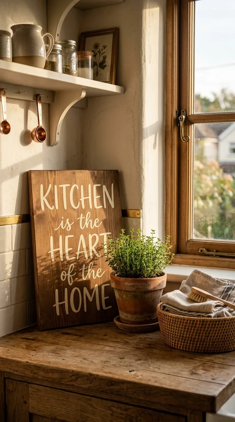 21 Easy Cricut Home Decor Projects You'll Love 16 A rustic stained wood sign with a cut vinyl quote leaning against a kitchen wall