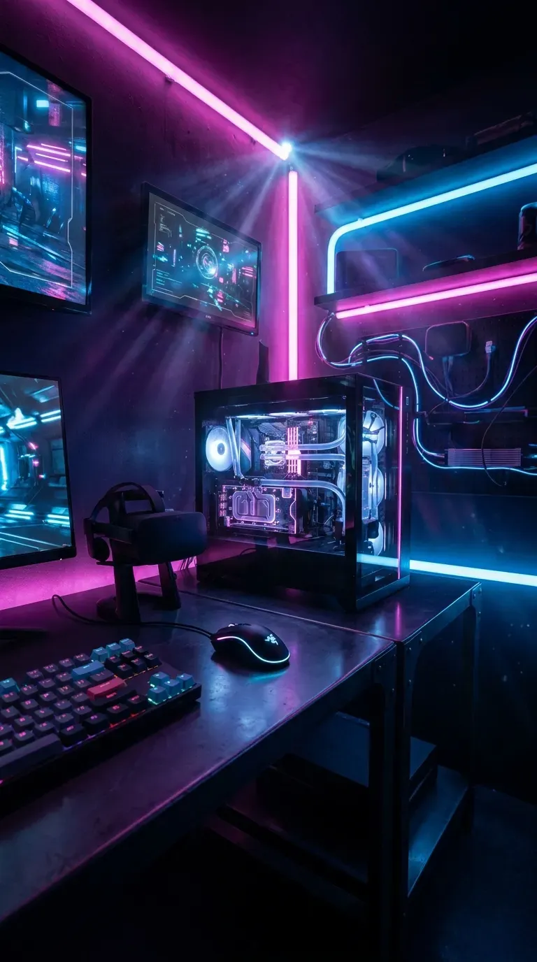 10 Must-Try Gaming Room Ideas That Look Insane 2 A dark gaming room illuminated by vibrant neon pink and blue lights