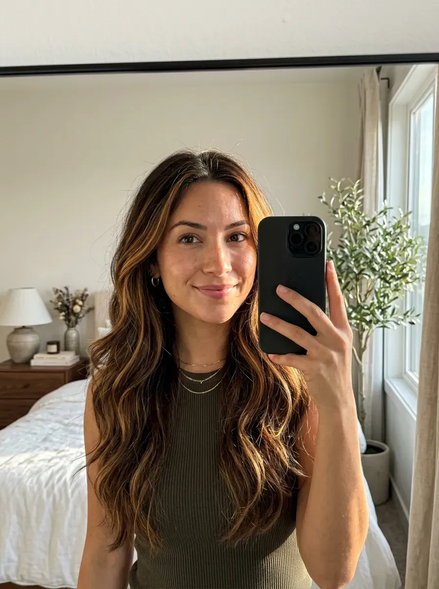 7 Caramel Hair Color Ideas That Add Warmth, Shine, and Dimension 4 Woman with dark brown hair and caramel highlights taking an iPhone mirror selfie.