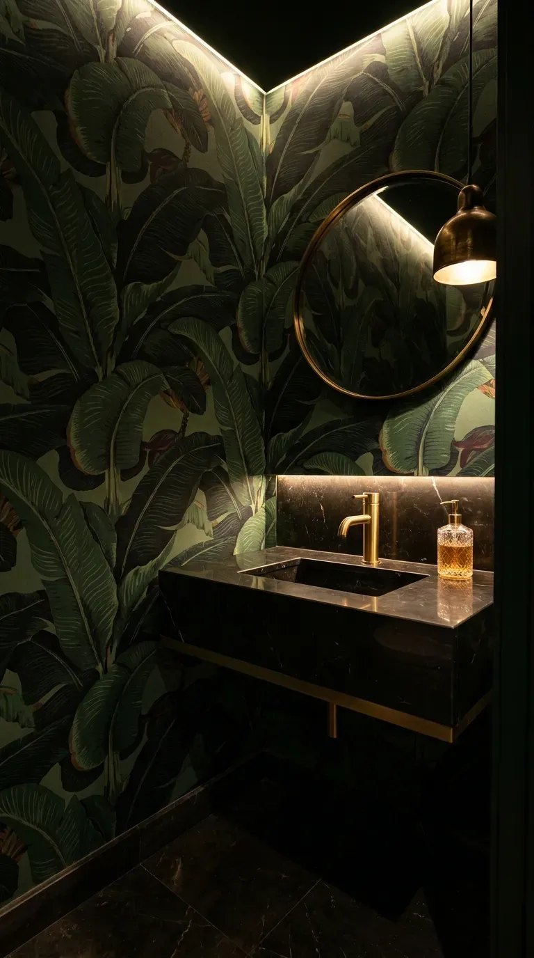 15 Gorgeous Green Aesthetic Wallpaper Ideas You Need to Try 7 A dramatic powder room with dark moody tropical green wallpaper