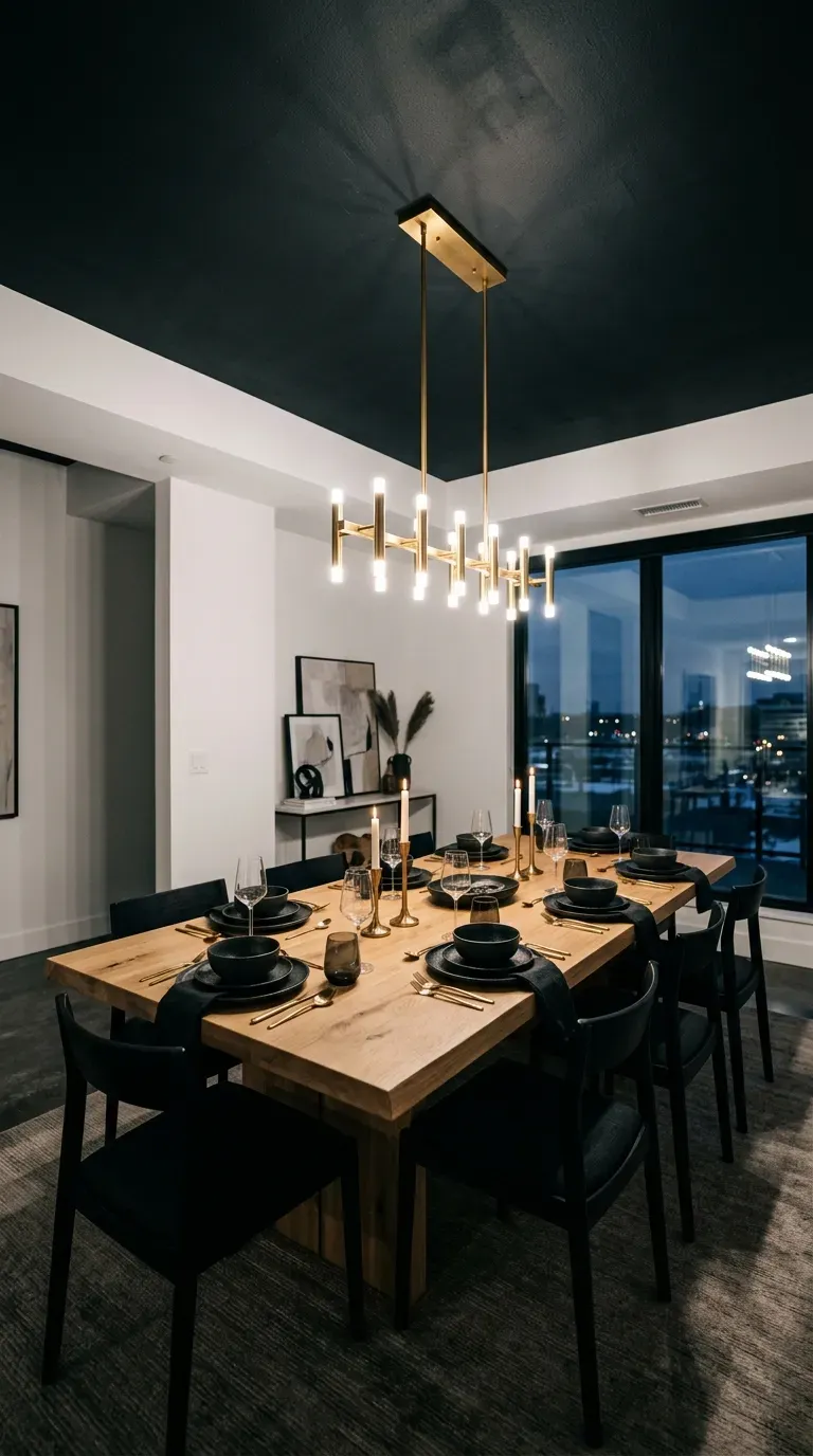 10 Must-Try Contemporary Modern Interior Ideas That Look Stunning 11 A modern dining room with a dramatic charcoal painted ceiling and modern chandelier