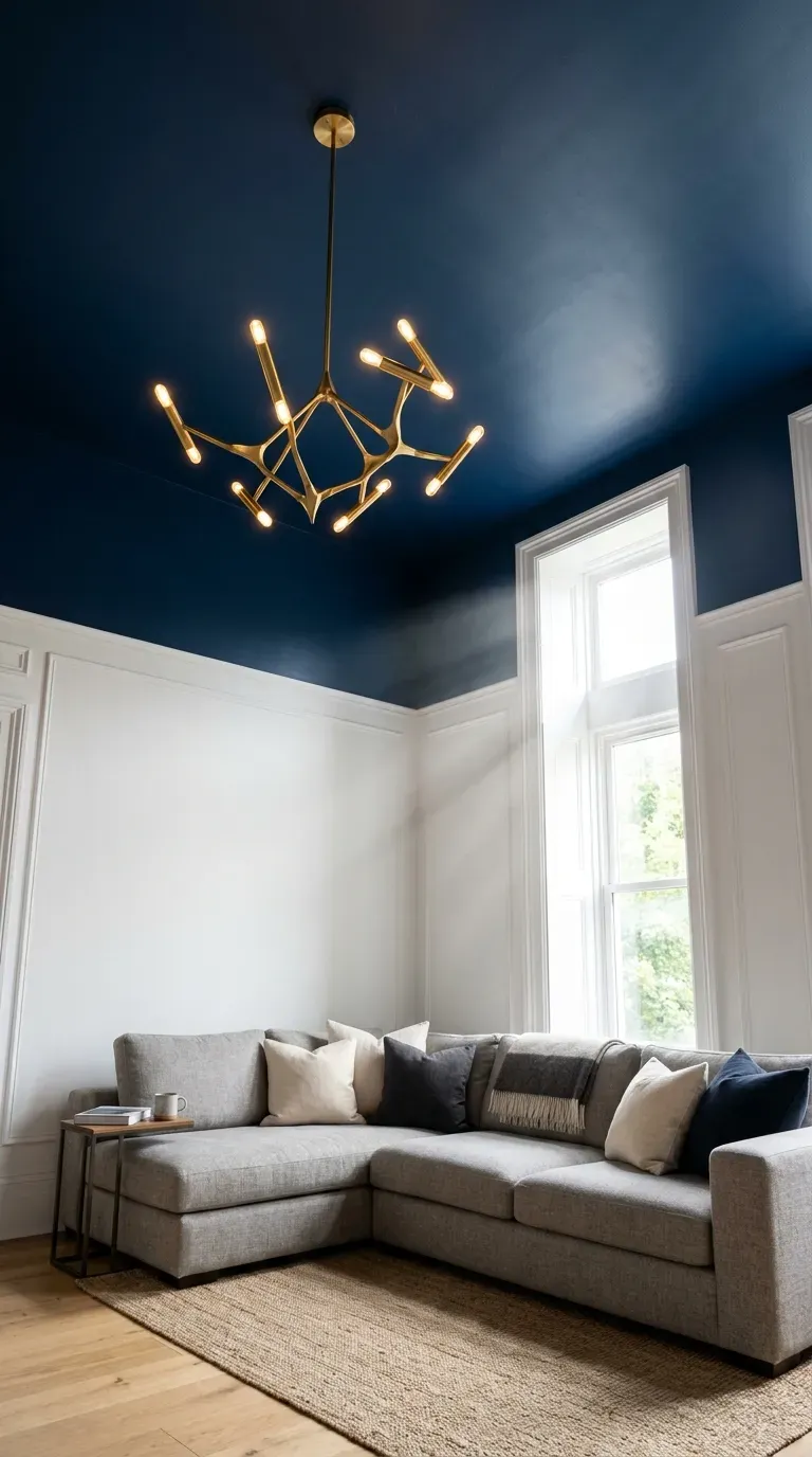 15 Genius Living Room Decor Ideas You Need to Try 14 A bold living room with white walls and a dramatic navy blue ceiling