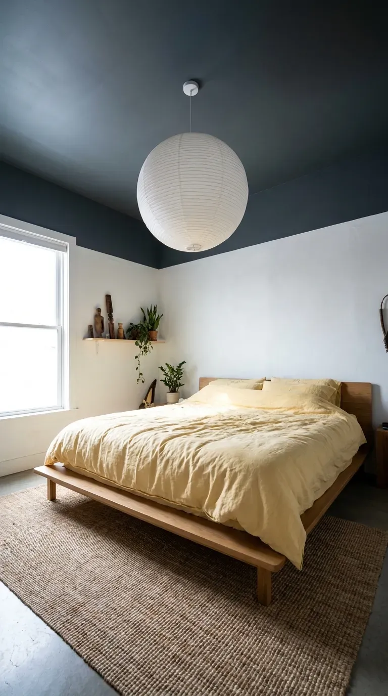 12 Genius Yellow and Gray Color Combo Ideas You Need to Try 12 A modern bedroom with a dark steel gray ceiling and soft yellow bedding