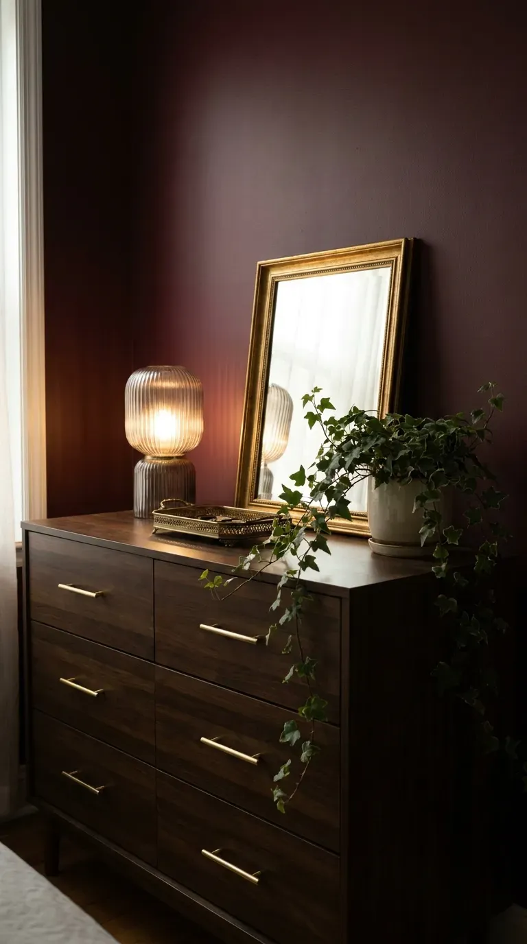 A dark walnut vintage dresser set against a rich burgundy wall