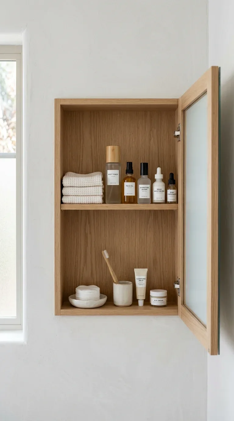 17 Minimalist Bathroom Ideas on a Budget 18 An organized decluttered medicine cabinet with neatly arranged essentials in a minimalist bathroom