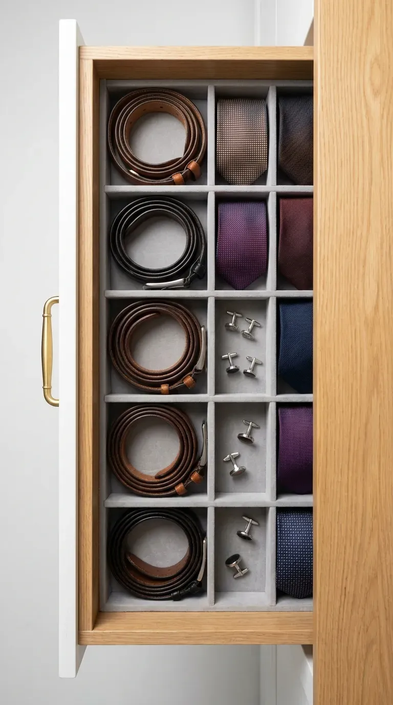 A shallow, open closet drawer with organized compartments for belts and ties