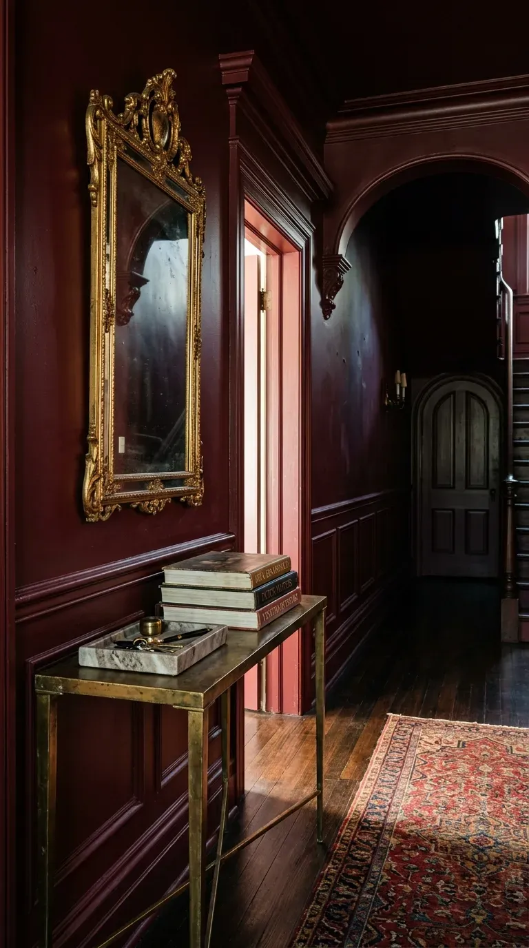 15 Genius Color Drenching Room Ideas You Need to Try 9 A dramatic entryway color-drenched in a rich dark burgundy paint