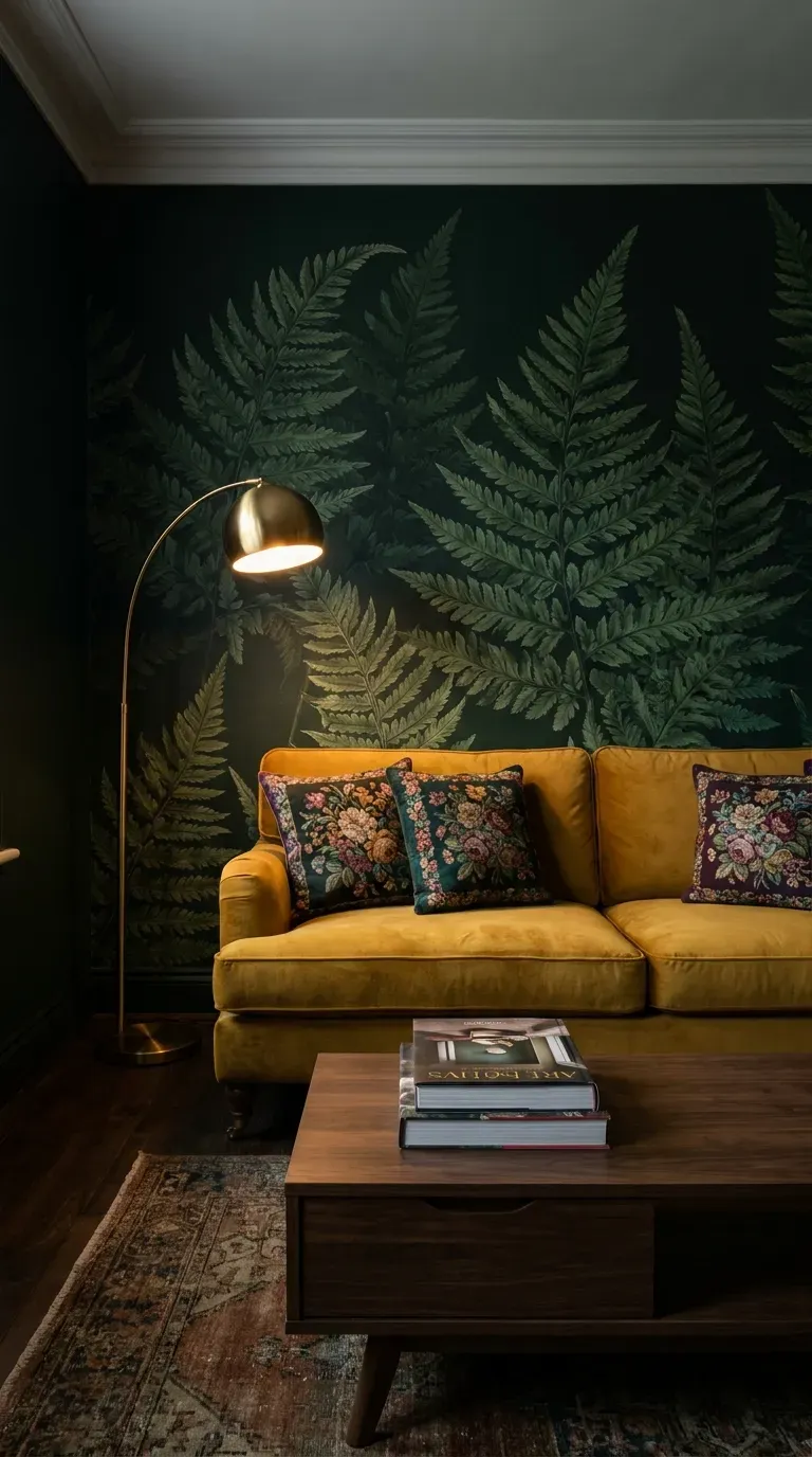 15 Gorgeous Green Aesthetic Wallpaper Ideas You Need to Try 2 Moody living room featuring deep forest green botanical wallpaper