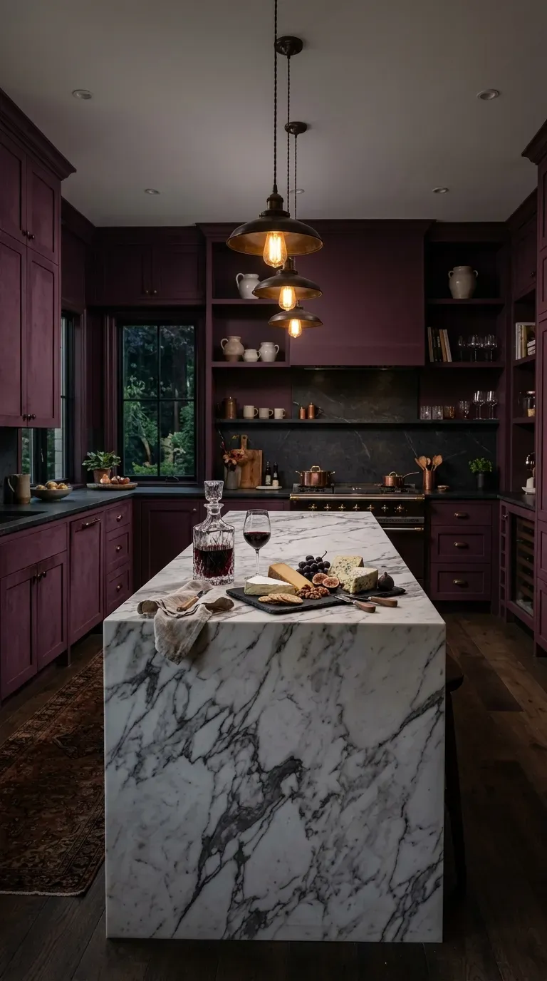 14 Genius Kitchen Color Palette Ideas You Need to Try 14 Deep plum purple kitchen cabinets next to a thick honed marble island