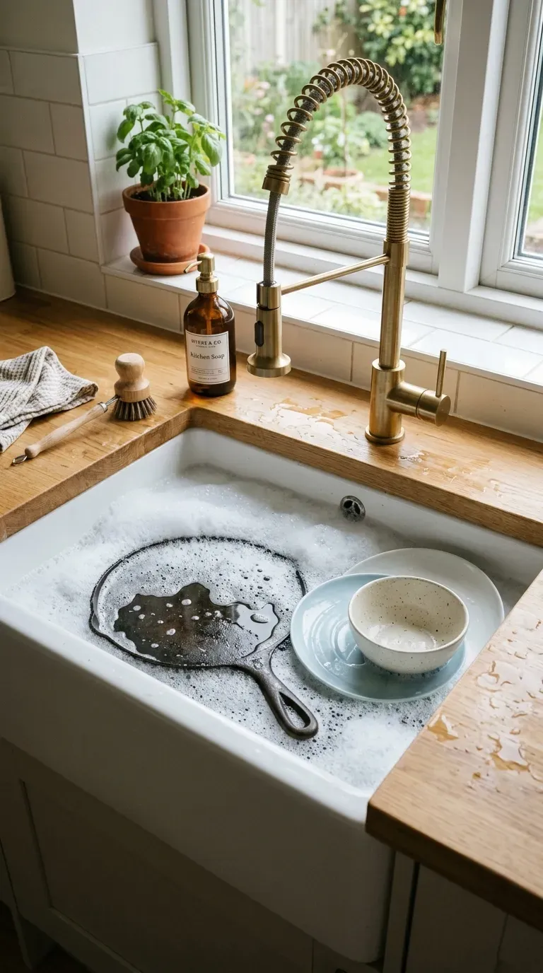A deep white fireclay farmhouse sink filled with soapy water and dishes