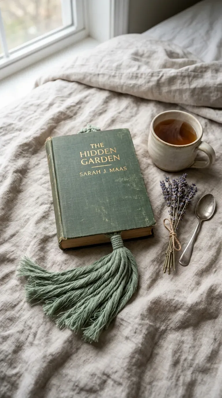 Macrame bookmark with fringe hanging from a closed vintage book