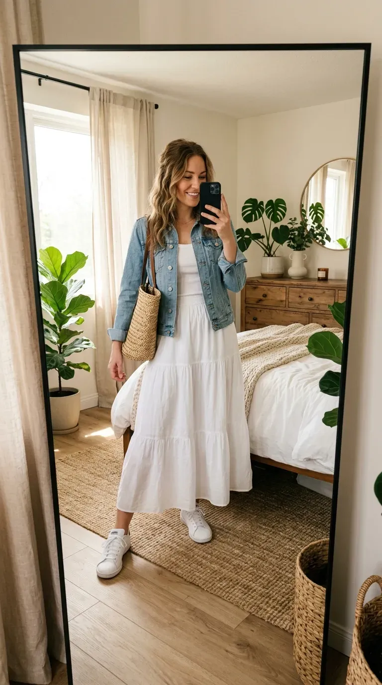 Woman wearing a denim jacket with a maxi skirt taking an iPhone mirror selfie.