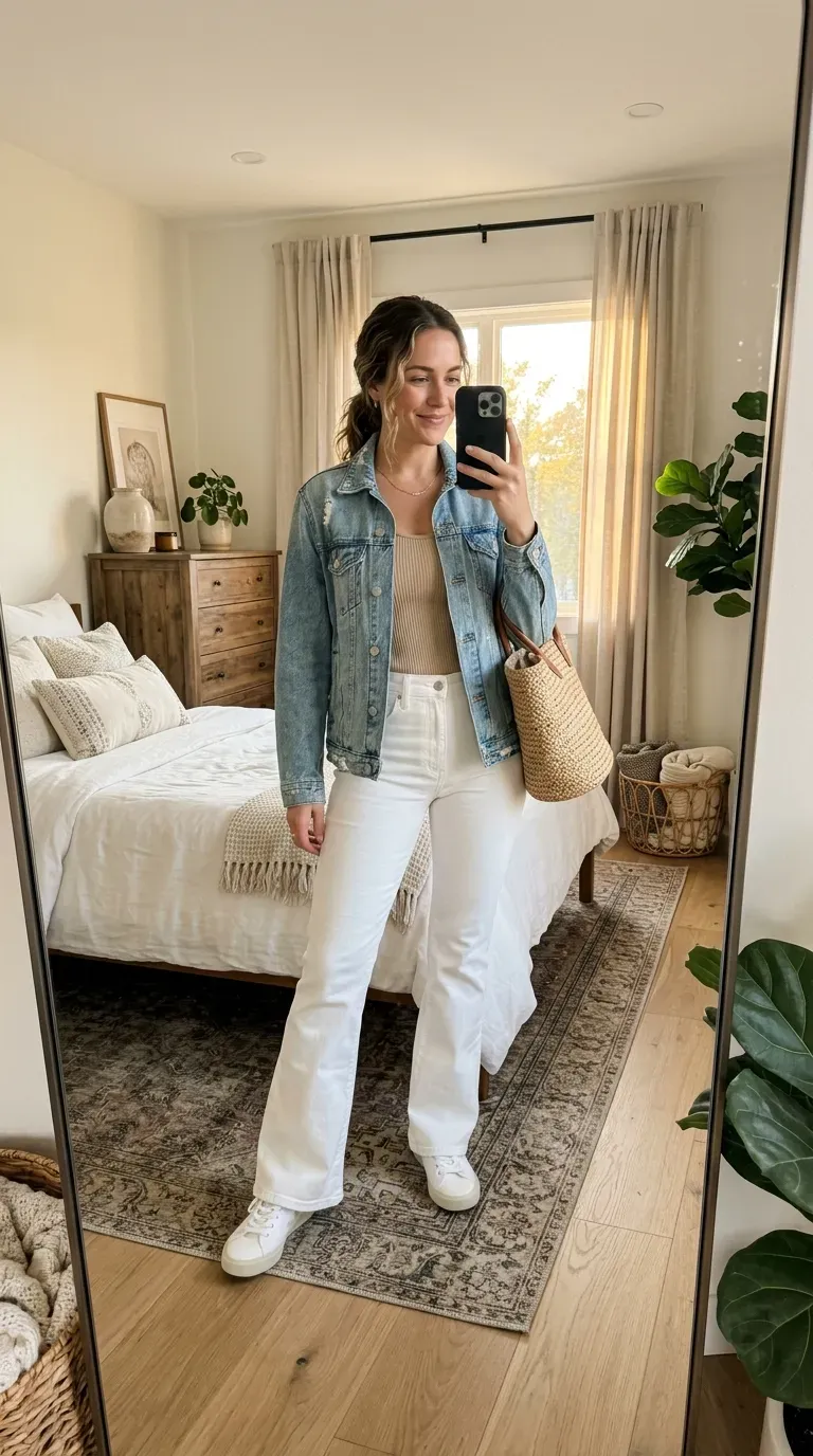Woman wearing a denim jacket with white flare jeans taking an iPhone mirror selfie.