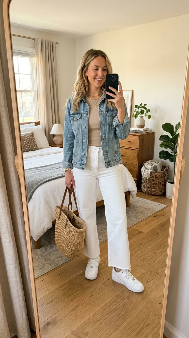 Woman wearing a denim jacket with wide leg jeans taking an iPhone mirror selfie.