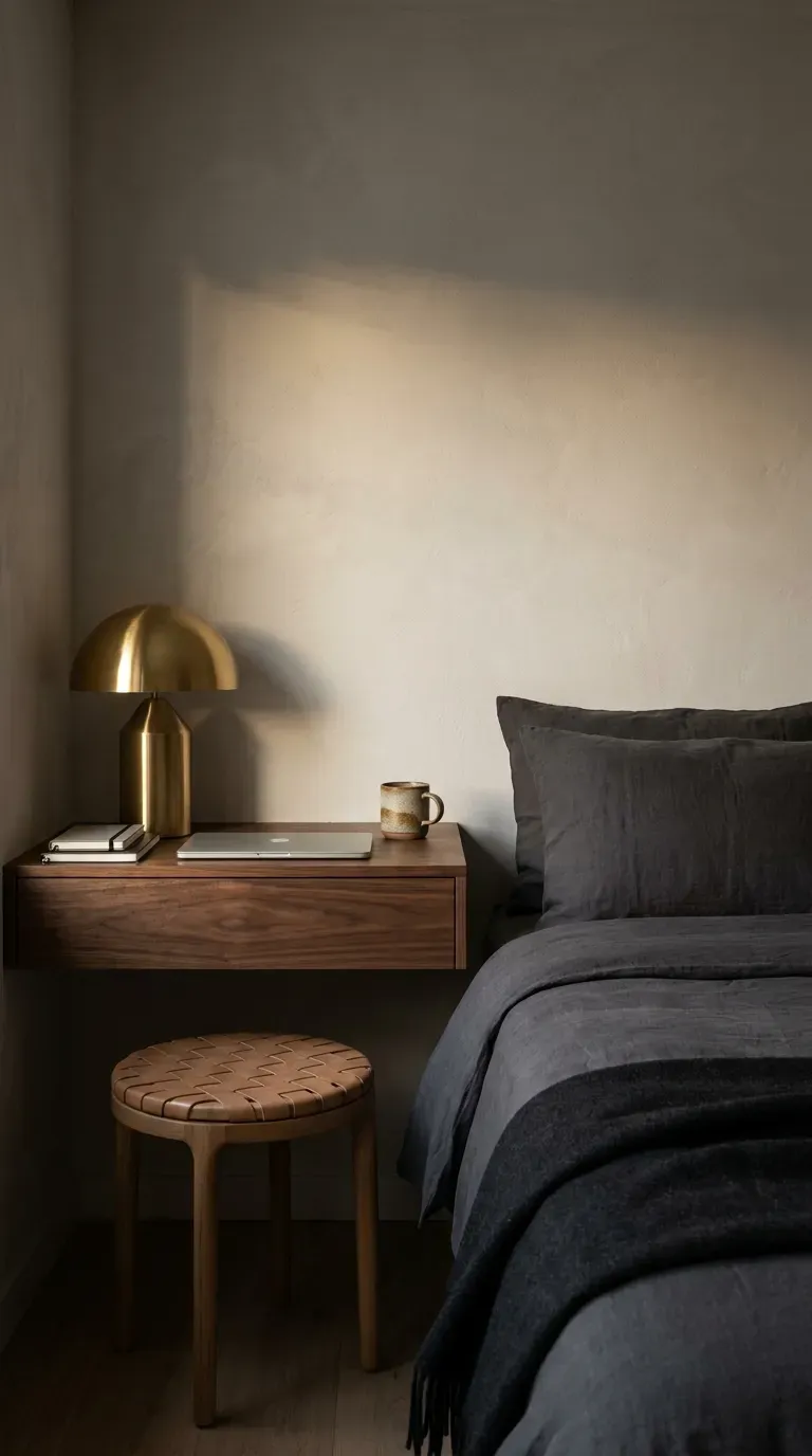 A sleek minimalist desk functioning as a nightstand next to a bed