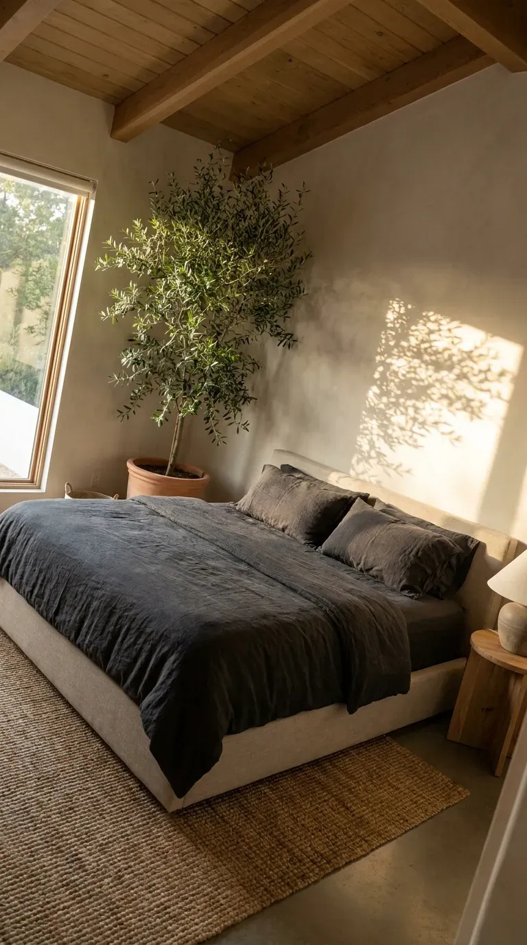 A bed angled diagonally from a corner with a large plant behind it