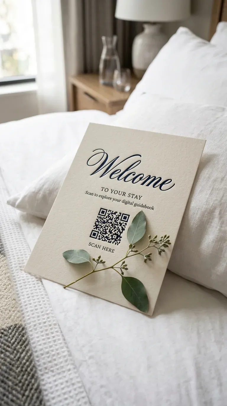 A beautifully printed welcome card with a QR code on a bed