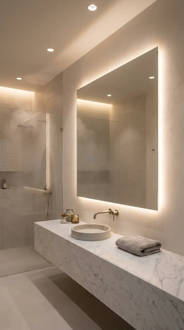 12 Aesthetic Bathroom Decor Ideas for a Gorgeous Space 13 A sleek bathroom mirror with hidden ambient lighting and defogging technology