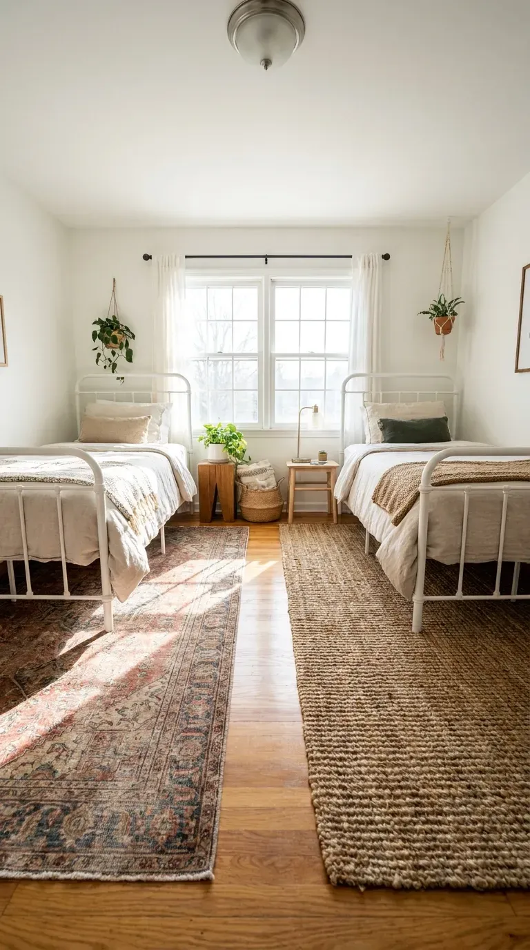 15 Genius Shared Bedroom Ideas You Need to Try 15 Two different but complementary area rugs under two twin beds