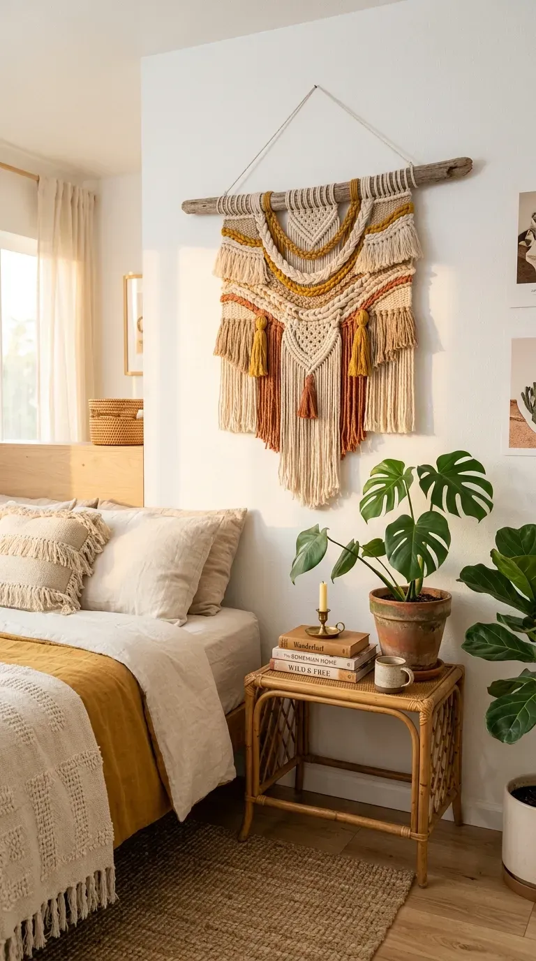 Boho yarn wall hanging suspended from a piece of rustic driftwood