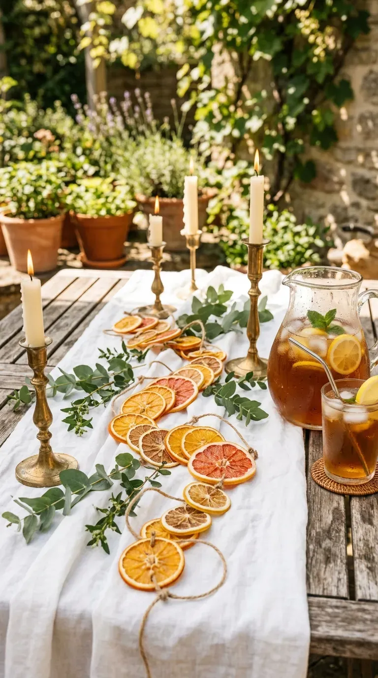15 Genius DIY Summer Decorations You Need to Try 2 A vibrant DIY garland of dried orange and lemon slices on a table