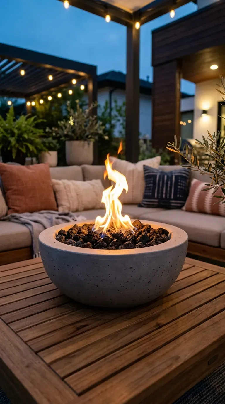 15 Genius DIY Summer Decorations You Need to Try 16 A sleek grey concrete tabletop fire bowl burning on a patio