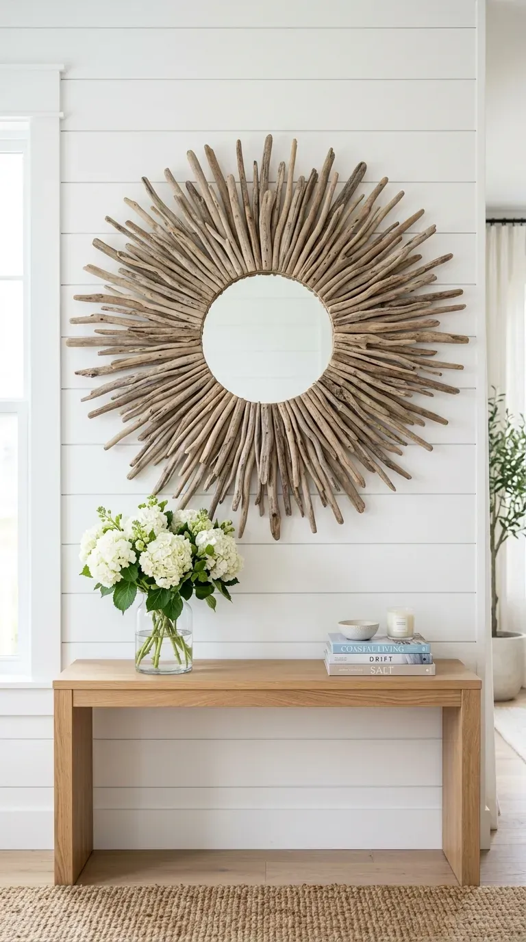 15 Genius DIY Summer Decorations You Need to Try 5 A large DIY sunburst mirror made of driftwood above a console table