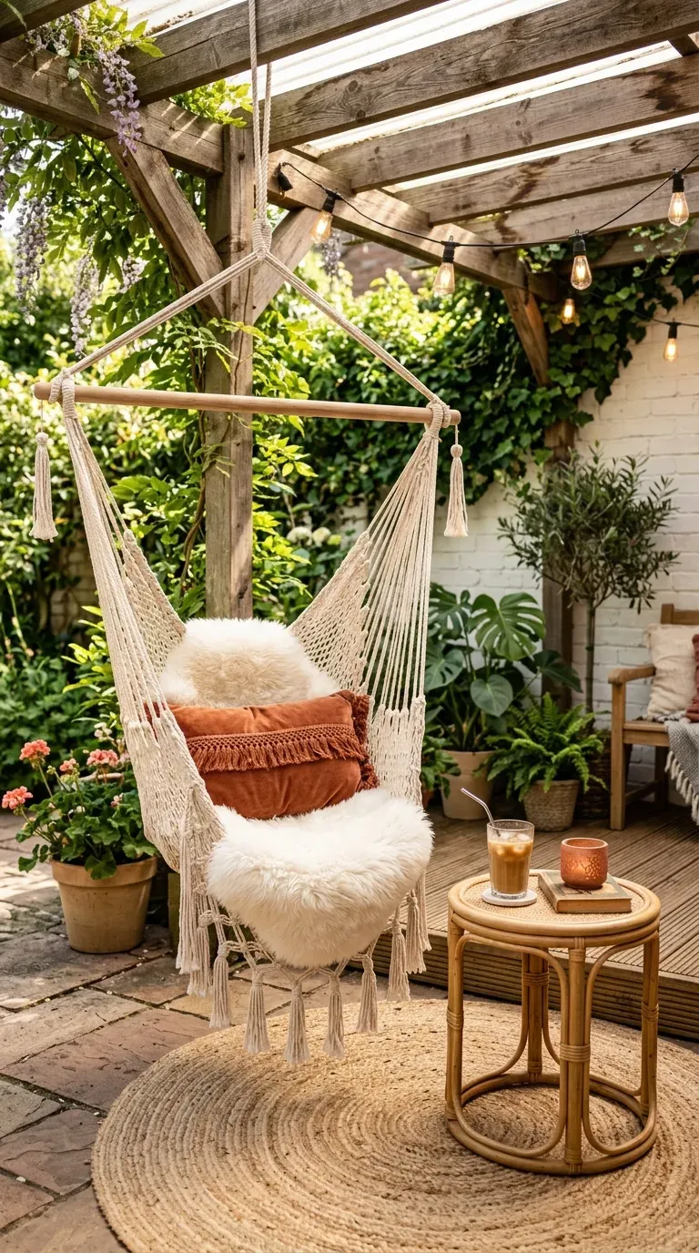 15 Genius DIY Patio Ideas You Need to Try 12 Intricate cream macrame hammock chair hanging on a sunlit wooden patio