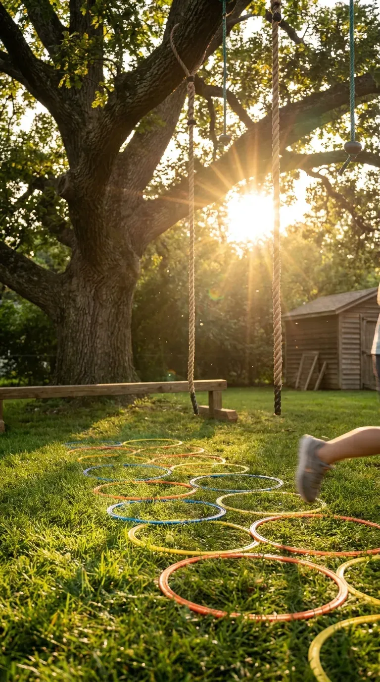 10 Must-Try Fun Outdoor Play Area Ideas Kids Will Love 5 A backyard obstacle course with hanging ropes and brightly colored agility rings