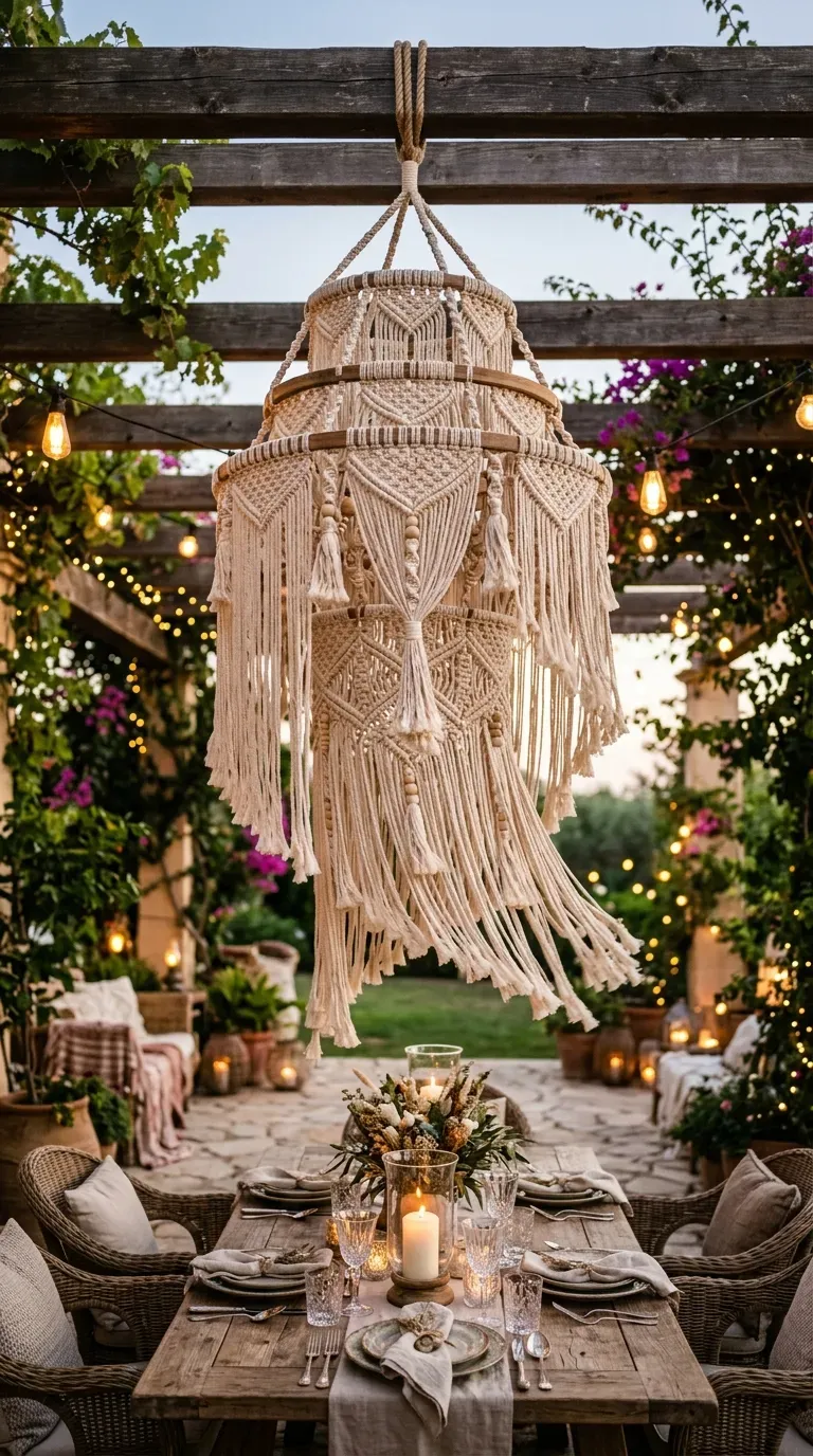 15 Genius DIY Summer Decorations You Need to Try 7 A large bohemian macrame and tassel chandelier hanging outdoors