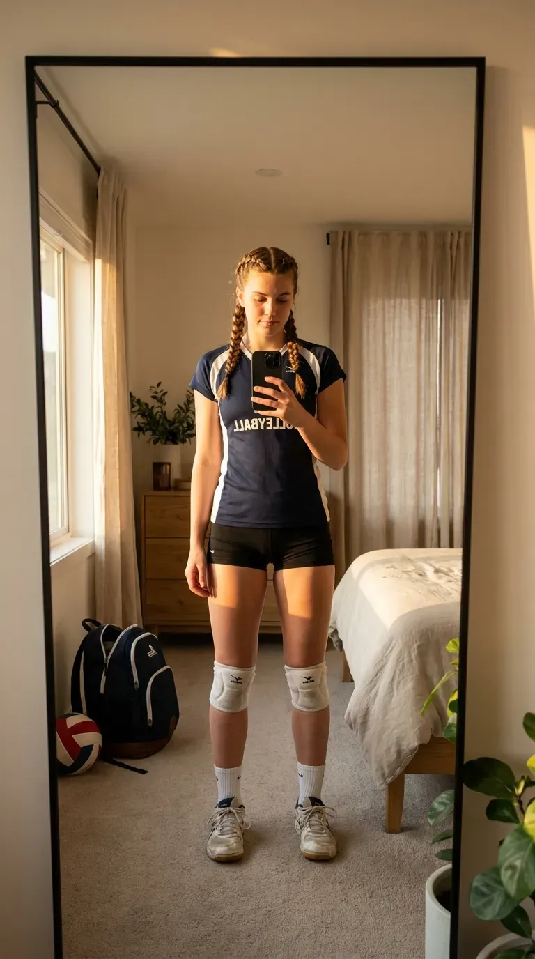 Volleyball Hairstyles Ideas: 15 Cute and Practical Styles for Every Match 4 Volleyball player with double French braids taking an iPhone mirror selfie.