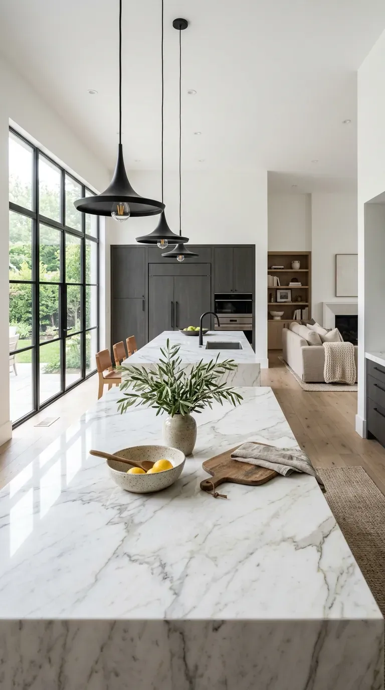 A luxurious open kitchen featuring two massive parallel marble islands