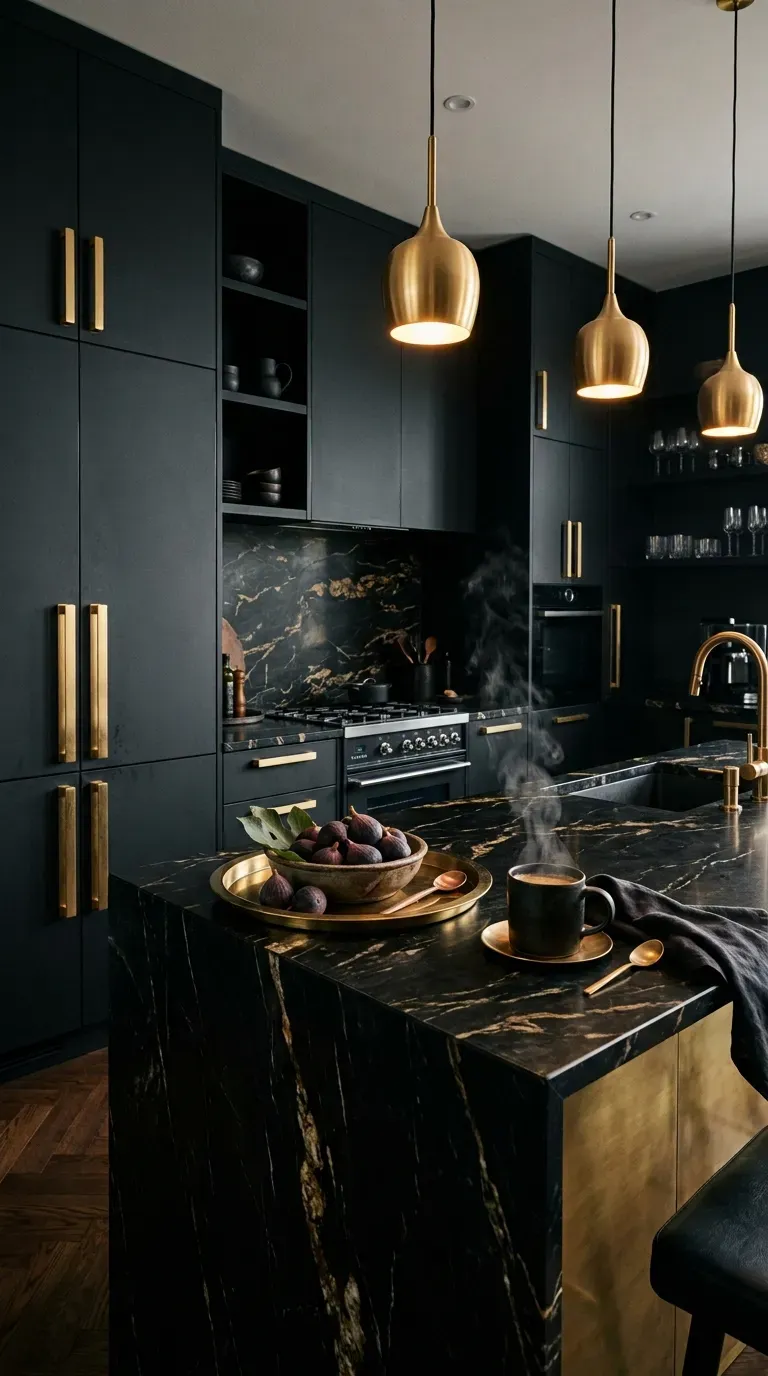 14 Genius Kitchen Color Palette Ideas You Need to Try 6 Matte black kitchen cabinets accented with oversized warm gold hardware