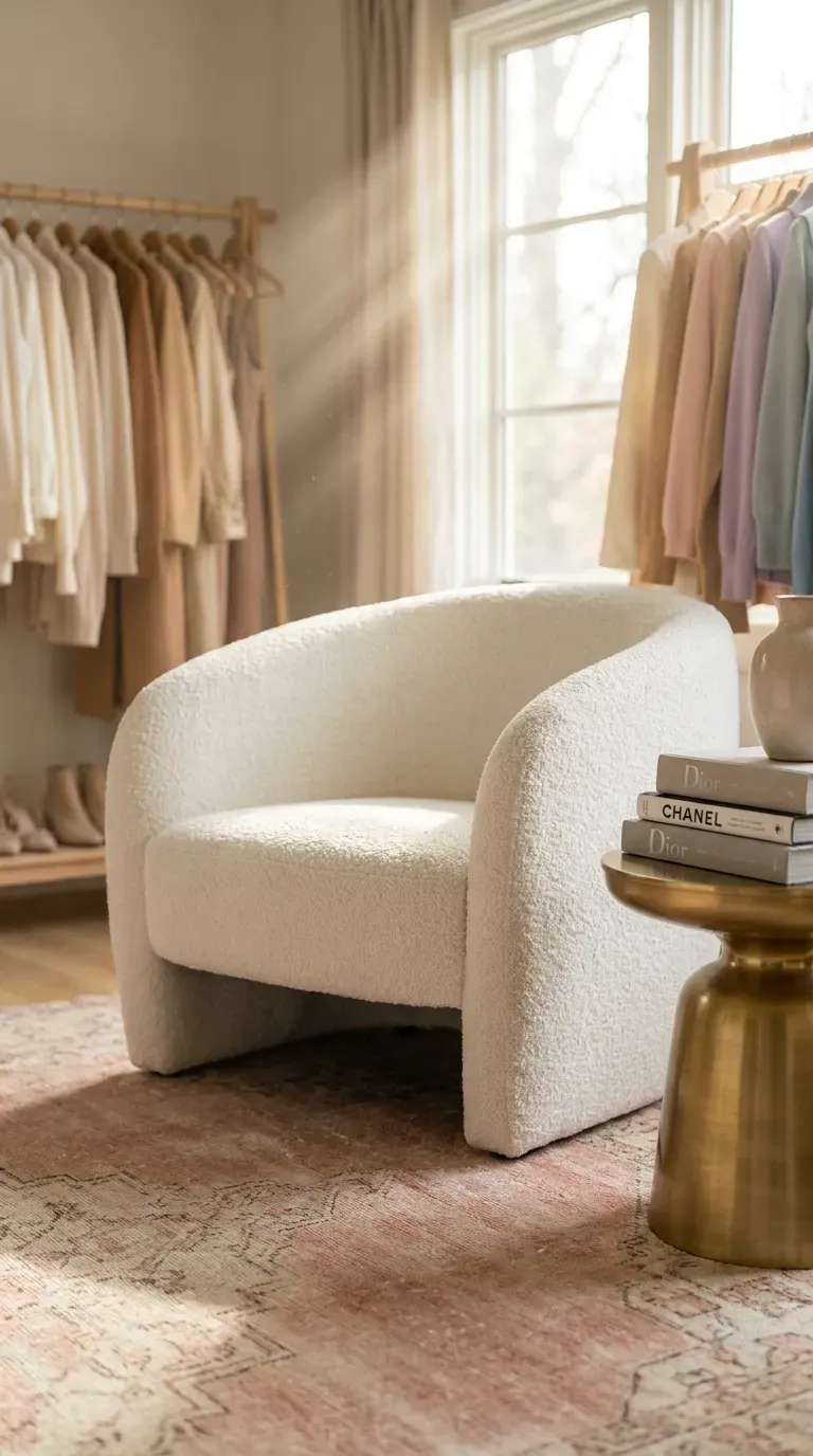 A plush white boucle accent chair in a luxury closet